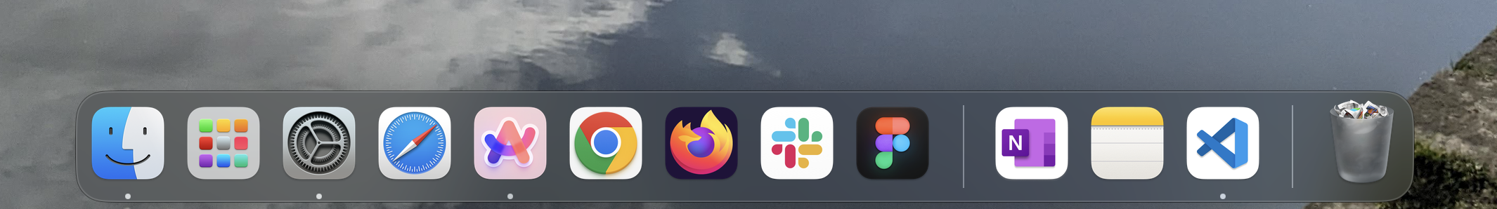 A screenshot of my macOS dock, showing shortcuts for Finder, System Settings, Safari, Arc, Chrome, Firefox, Figma and Slack